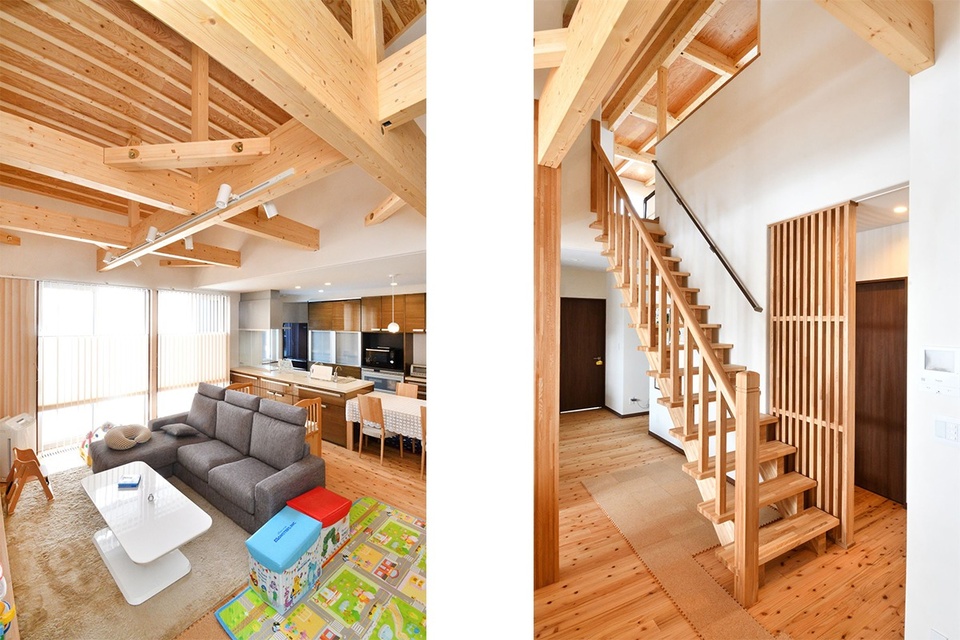 リビングは大きな吹き抜け空間で、あらわしの梁