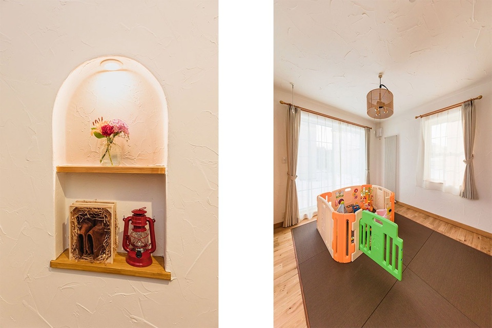 玄関のニッチ（写真左）には息子さんのファーストシューズをディスプレイ。和洋室（写真右）はカントリーヴィレッジの事務所にあるキッズスペースを参考にデザインしました