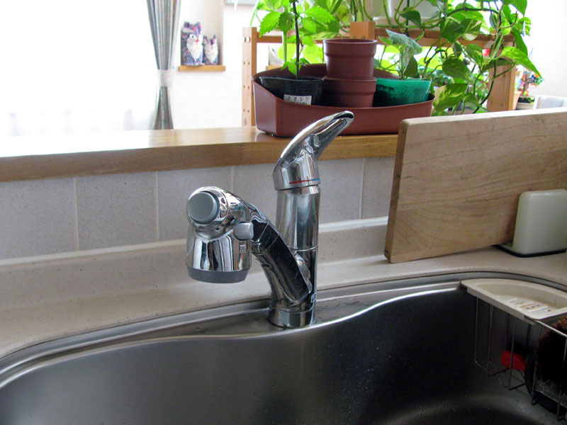 〔プッシュ式の蛇口〕車いすに座っていると蛇口のレバーまで手が届かないため、先端にボタンの付いた蛇口に変えました。ボタン操作で水を出したり止めたりできます