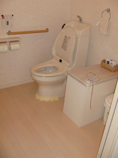 〔トイレの工夫〕必要な物を置いたり、手を付ける台を設置して使いやすくなっています