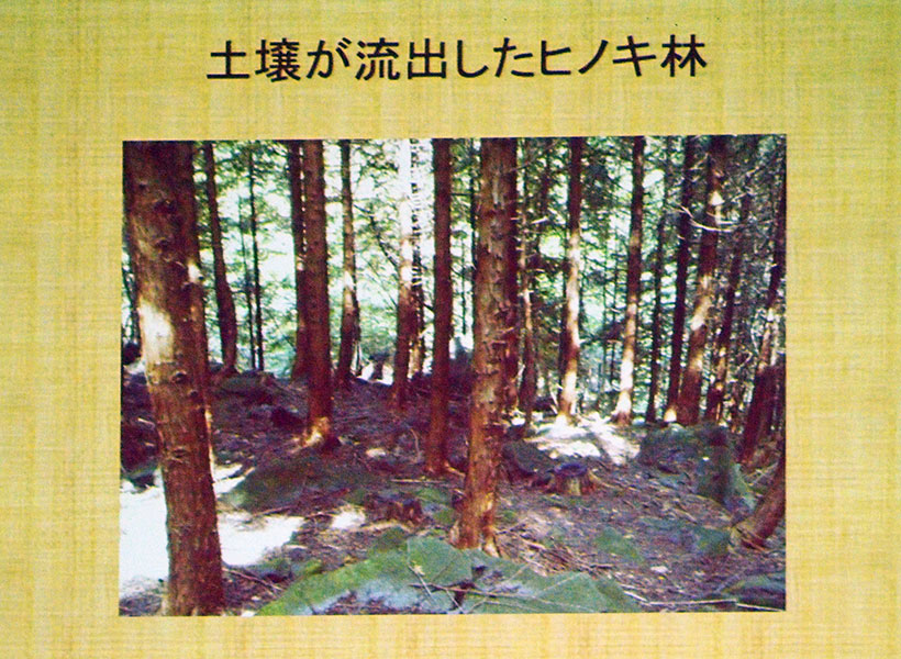 講演会のプロジェクター資料から。人工林が荒れてくるとさまざまな弊害を起こす